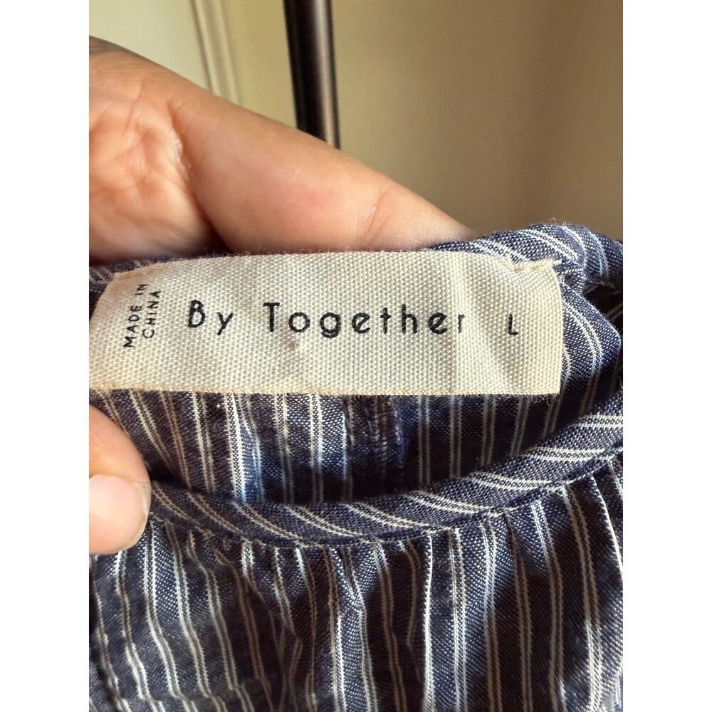 By Together Navy & White Seersucker Pinstripe Wide Leg Jumpsuit | Size Large - Picture 3 of 5